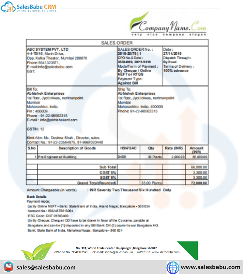 Sample of Sales Order Template